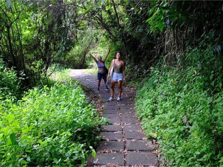 Women walking along a shaded section of the Ubud trail walk