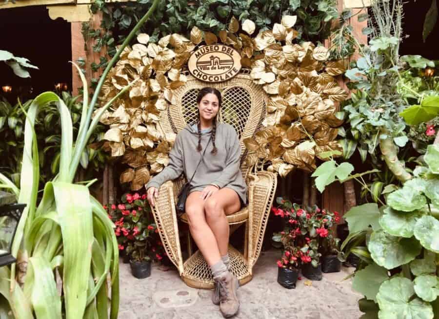 Museo del chocolate golden chair in their garden