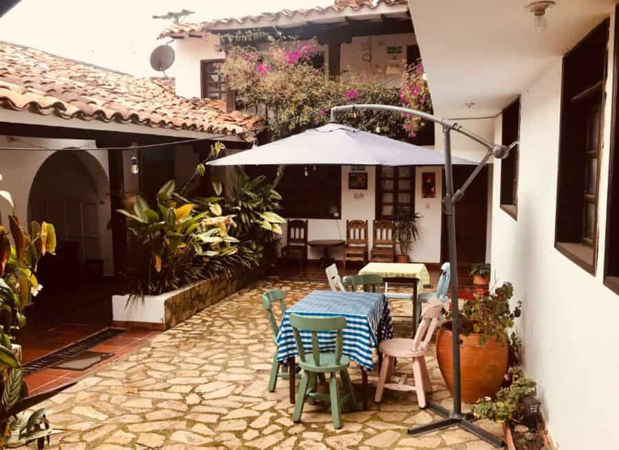 The courtyard of a hotel in Villa de Leyva, Colombia.
