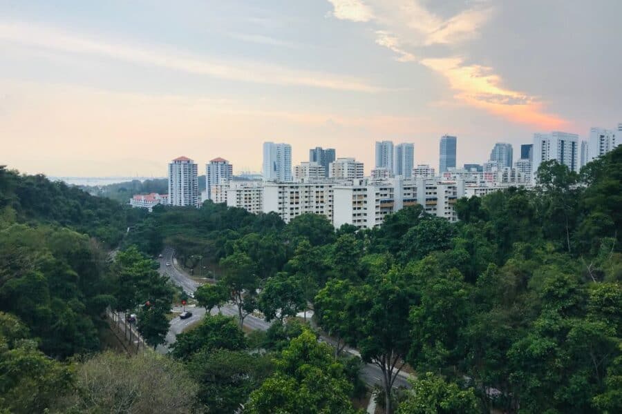 Singapore skyline at sunset.
