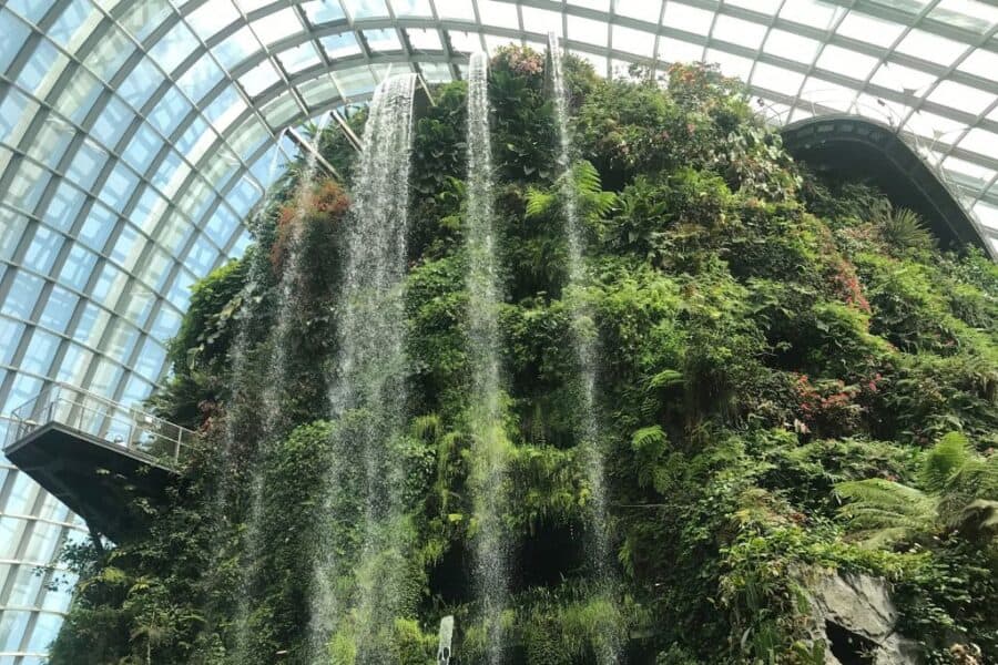 The waterfall inside the cloud forest at Gardens by the Bay is a must visit during your 5 days in Singapore!