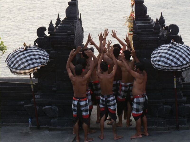 Kecak fire dance performance in Bali at sunset