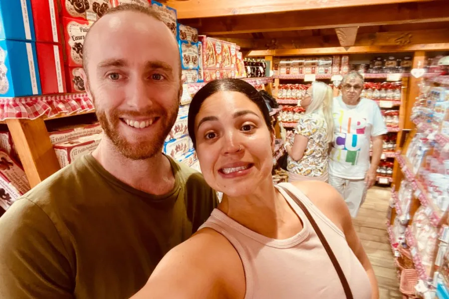 Abi and Jack in a gingerbread store