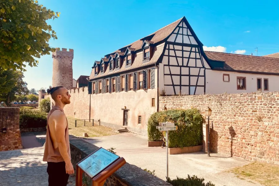 Jack reading about the old fortifications which surround the town.