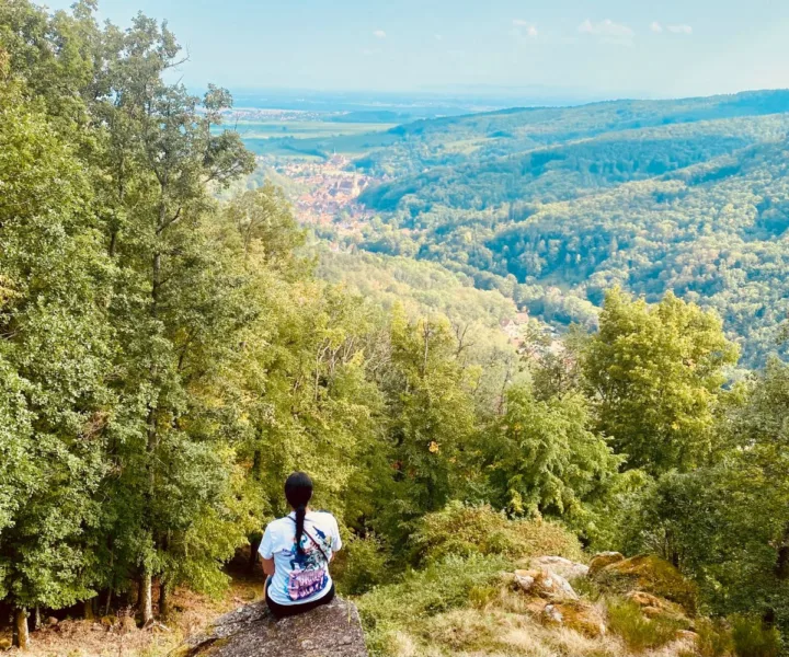 Abi looking over the forest valley to Andlau, a beauitful village in Alsace