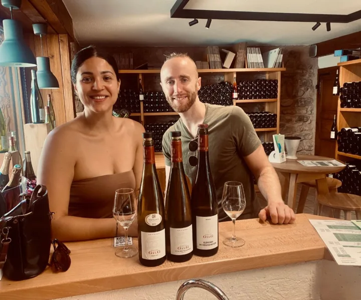 Jack and Abi tasting wines at Gilg in Mittelbergheim