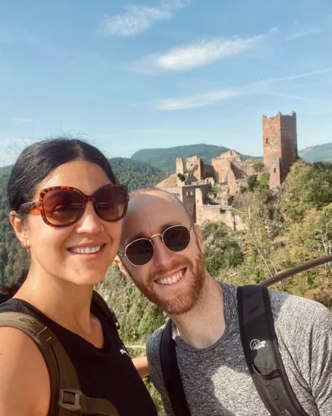Jack and Abi with Château Saint-Ulrich in the background