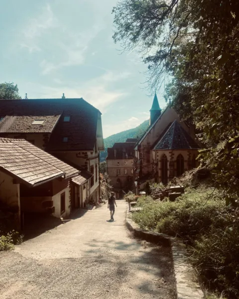 Jack entering the village to Notre Dame de Dusenbach Monastery