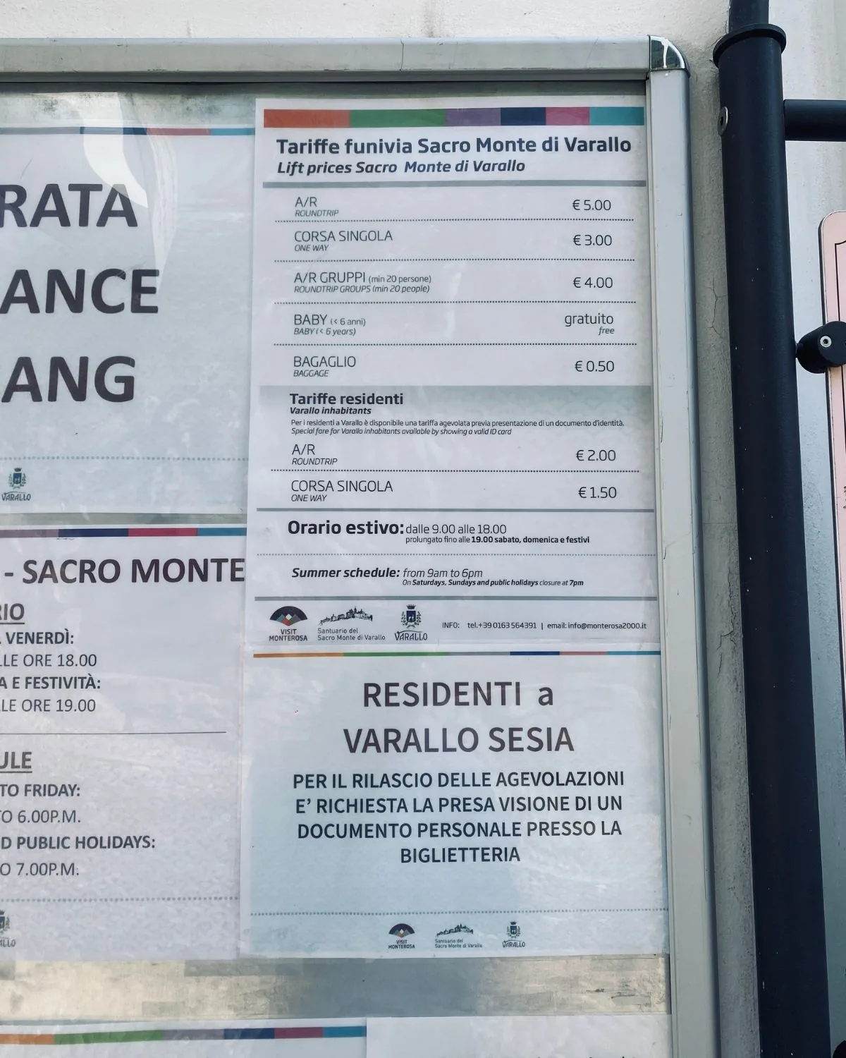 Cable Car price list, Varallo.