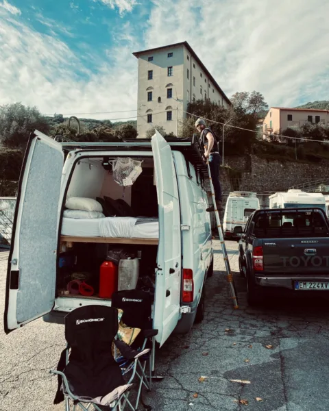 Bb the van in Dolceacqua, a stop on the Liguria hills.