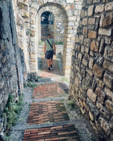 Jack walks through the amphitheatre in La Pigna, Sanremo