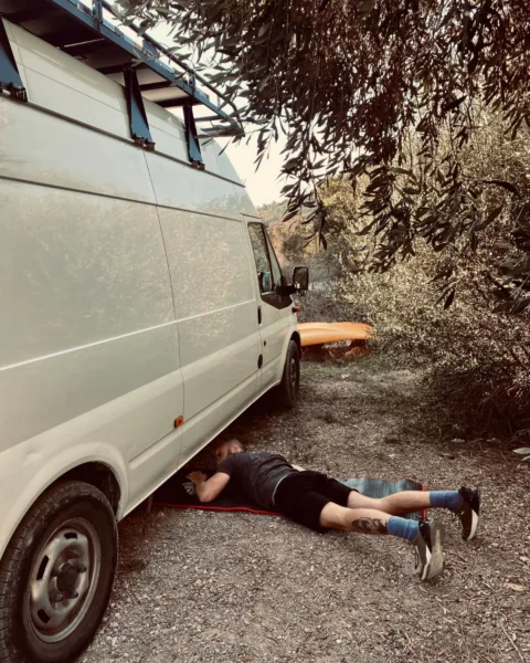 Jack under the van in Monte Argentario