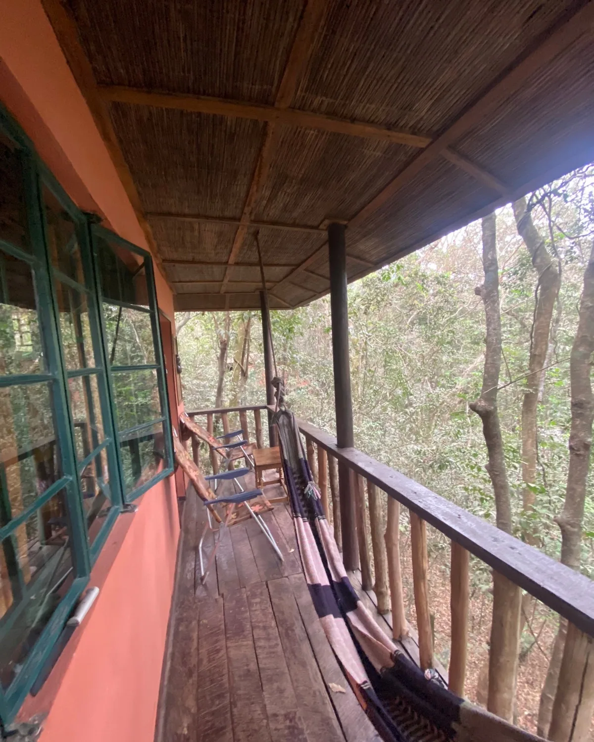 Hammocks on the balcony at the eco lodges in Sierra Leone’s Tacugama chimpanzee sanctuary 