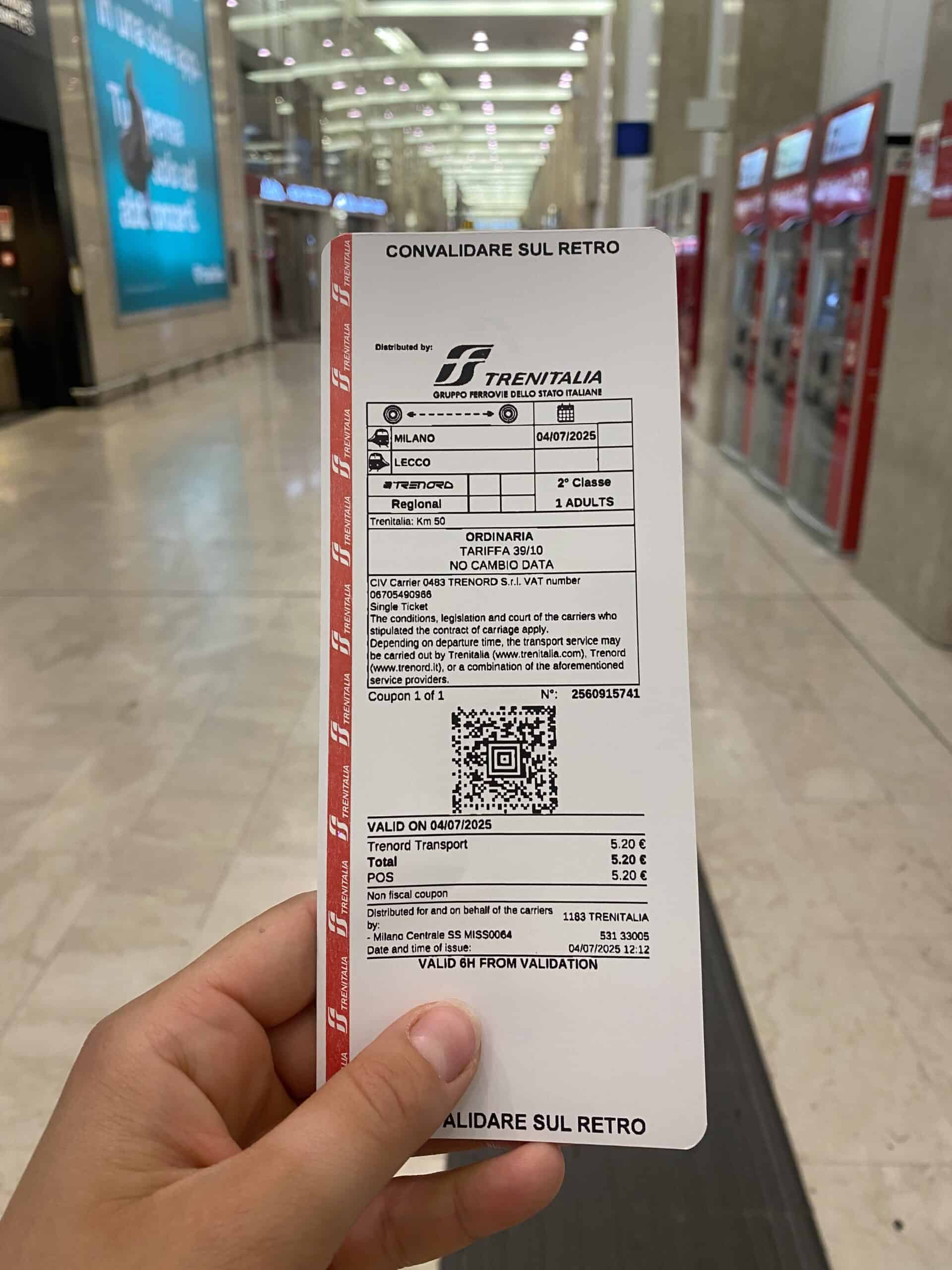 Train ticket from Milan Centrale to Lecco.