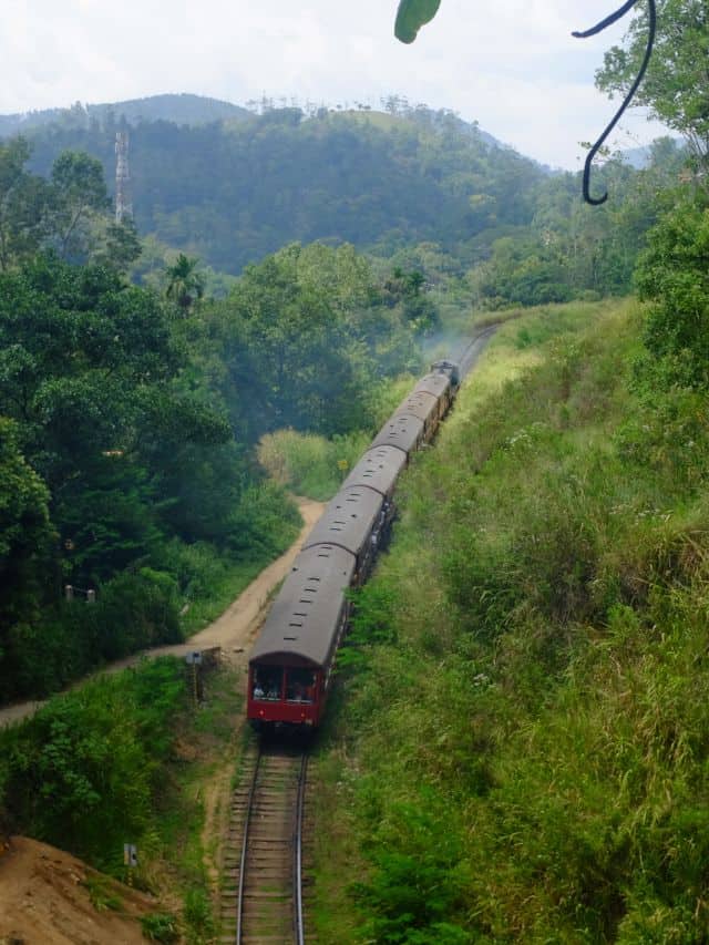 Train winding through the hills at the Demodara Railway Loop