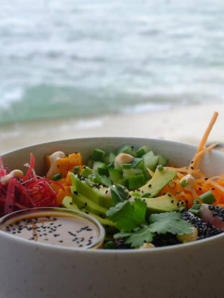 Fresh brunch bowl at an oceanfront café in Ahangama