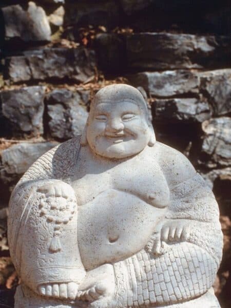 White stone statue in a temple garden in Sri Lanka