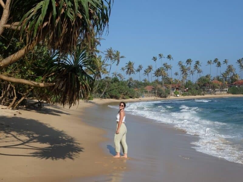 Traveller standing on a quiet palm-lined beach on Sri Lanka’s south coast