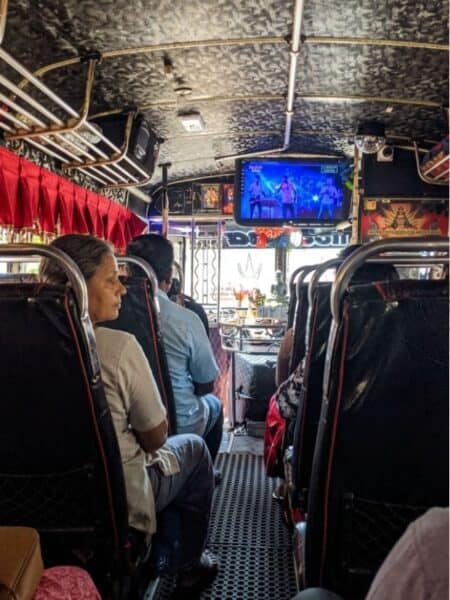 Colourful local bus interior on the way from Ahangama to Galle