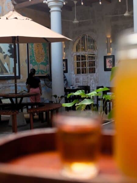 Drink on a café table inside Galle Fort