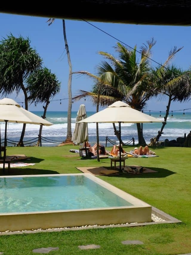 Pool, palm trees and ocean views at a beachfront café in Ahangama.