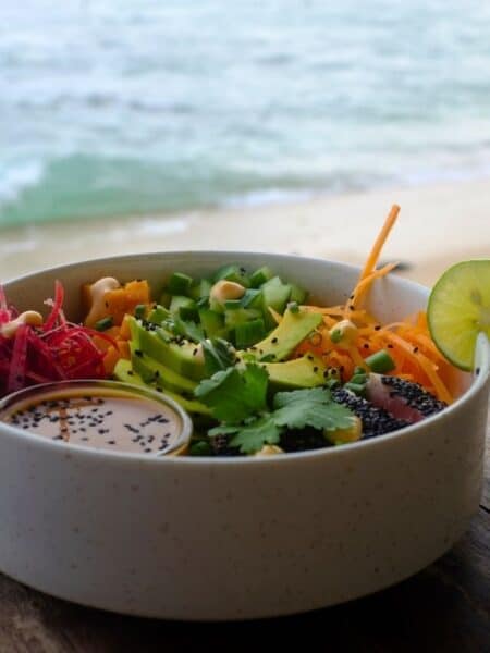 Colourful poke bowl at a beach café near Hiriketiya Beach