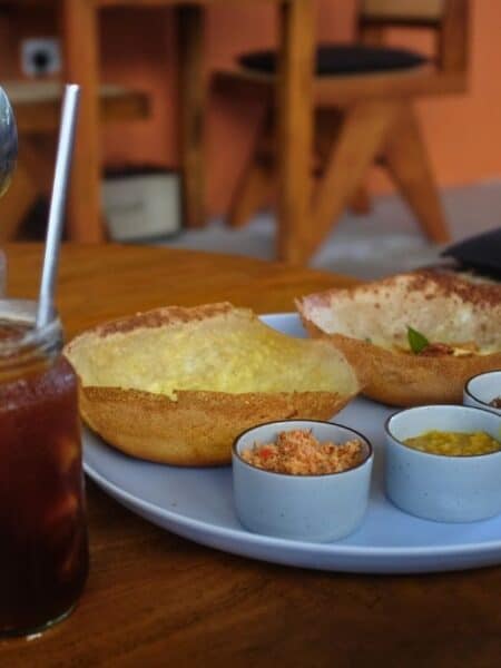 Sri Lankan hoppers served with sambol and dhal at one of the cafes in Ahangama.
