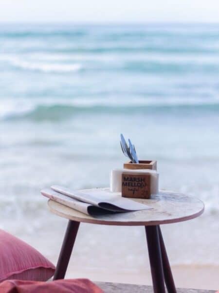 Table marker and menu at Marshmellow Café overlooking the waves in Ahangama.