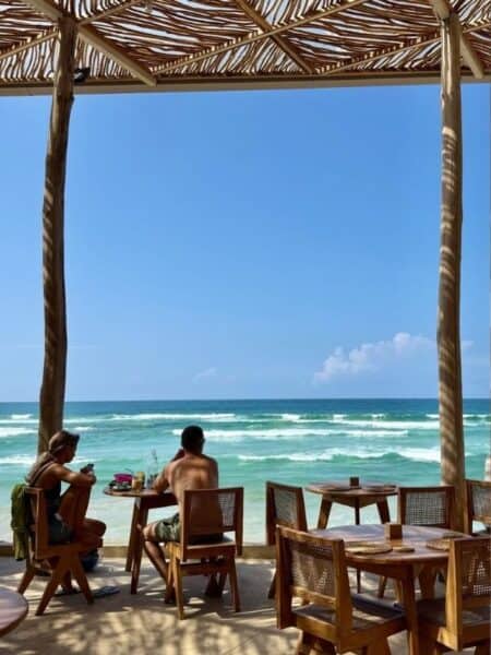 Oceanfront seating area at Kai Ahangama beachfront cafes in Ahangama.