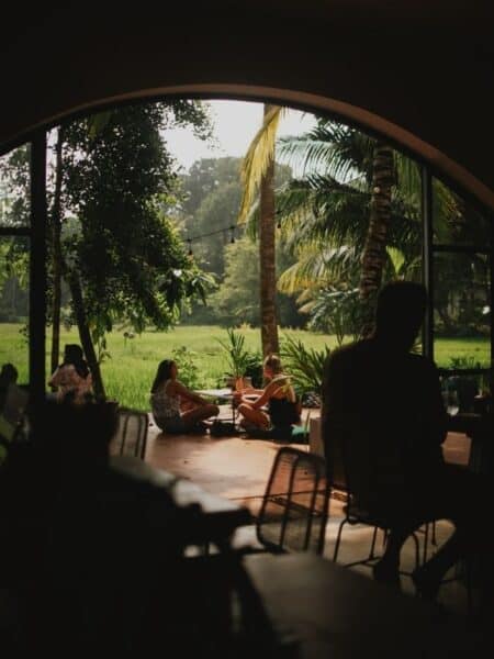 Shaded café terrace overlooking green paddy fields in Ahangama.