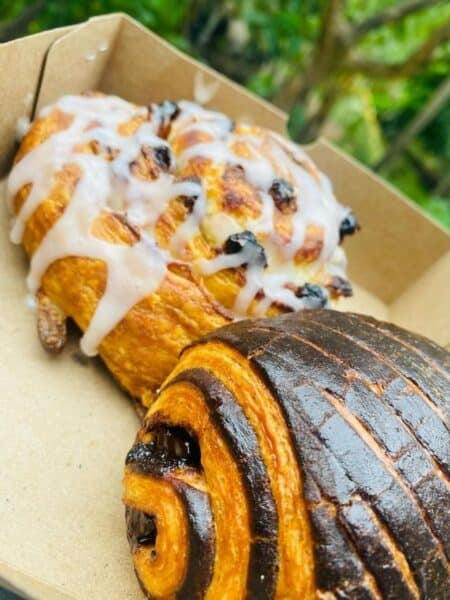 Fresh pastries in a takeaway box from a bakery in Ahangama.
