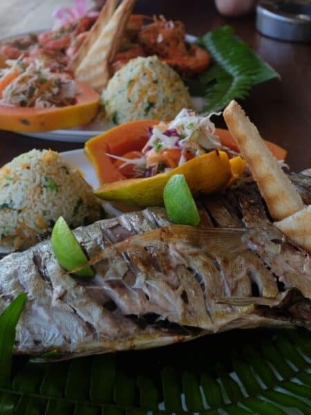 Grilled fish with rice and salad at Coconut Palm Beach Restaurant