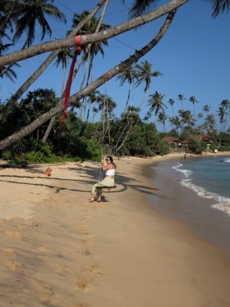 Beach swing on Dickwella Bay Beach with palm trees, golden sand and sea views