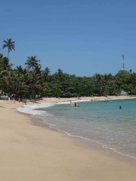 Hiriketiya Beach near Ahangama with turquoise water, soft sand and palm trees — is Ahangama worth visiting as a south coast base?