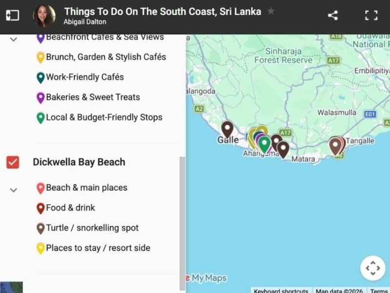 Map of Hiriketiya Beach Sri Lanka with nearby beaches, cafés and south coast stops