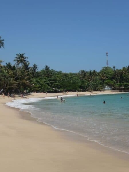 Hiriketiya Bay with calm turquoise water, palm trees and swimmers during a Sri Lanka 5 days itinerary.
