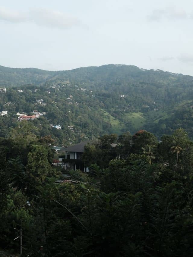 Misty green hill country views with forested slopes and houses in Sri Lanka.