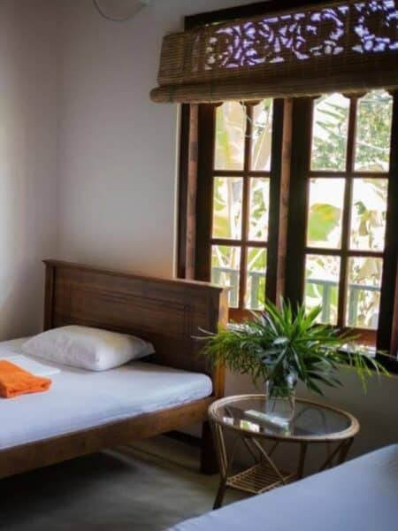 Twin room with wooden beds, plants and natural light at Seven Black Diamonds Ahangama.