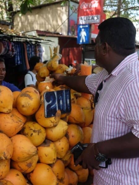 My guide choosing coconuts during my Colombo City Tour by Tuk Tuk