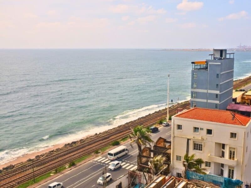 Partial sea view from Marino Beach Colombo with Marine Drive, railway tracks and ocean below.