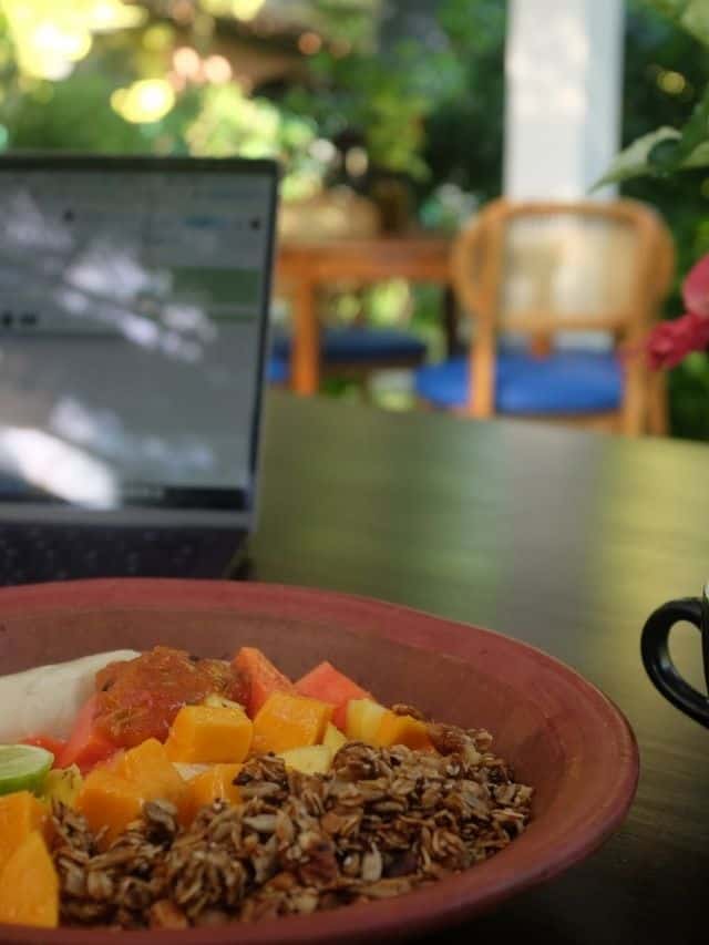 Gronola Bowl with fresh fruit set on a table with laptop in the background.